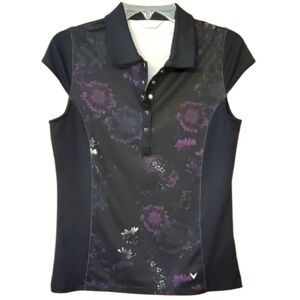 Calloway Women's Black and Purple Floral Snap Polo‎ Shirt Size Medium